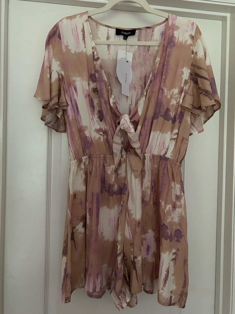 Aakaa Romper Boho Watercolor Tie-Front Tie-Dye Short Sleeve Large